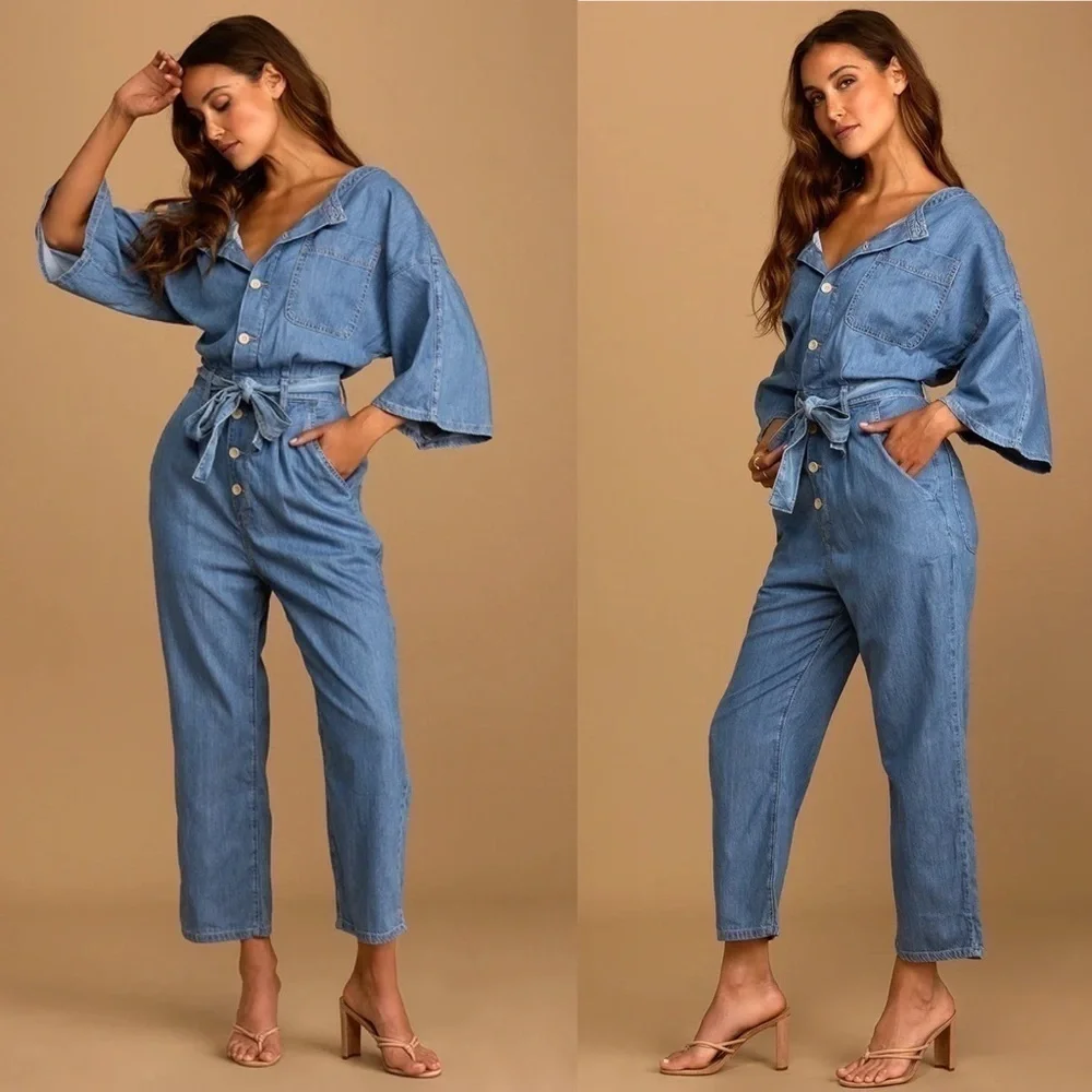 Free People Marley Medium Wash Denim Half Sleeve Jumpsuit